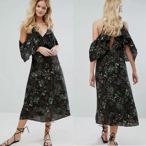 Walter Baker Eleanor Black Floral Cold Shoulder Maxi Dress in Desert Blossom - Picture 1 of 11